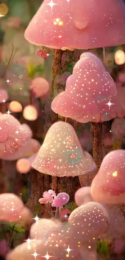 Magical pink glowing mushrooms in a fantasy forest.