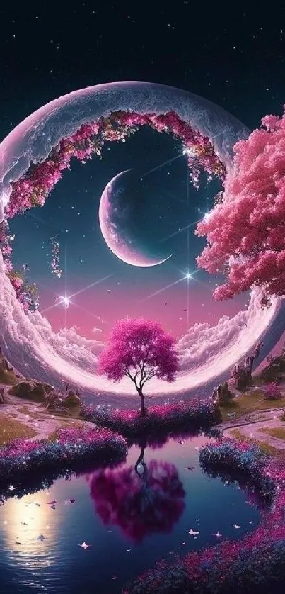 Magical pink landscape with a reflective lake under a starry night sky.