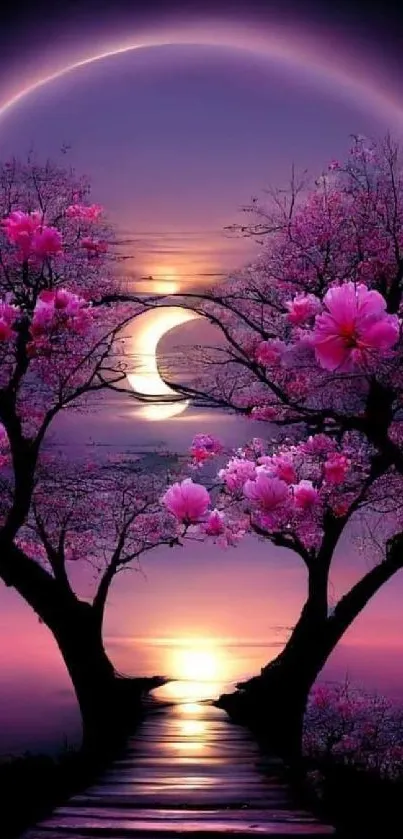 Beautiful pink blossom trees under a crescent moon with a purple night sky.