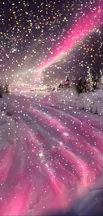 Snowy landscape with pink aurora and glowing skies.