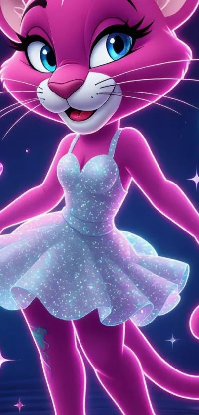 Pink cartoon panther in a sparkly dress on a magical background.
