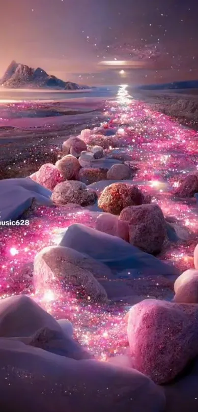 Magical pink pathway under a starry sky with twinkling stones and mystical landscape.