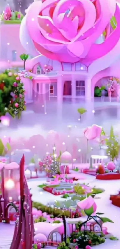 Magical pink rose garden mobile wallpaper with a serene landscape.