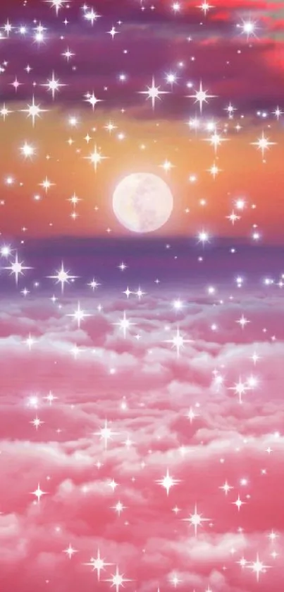 Pink sky with moon and stars above fluffy clouds.