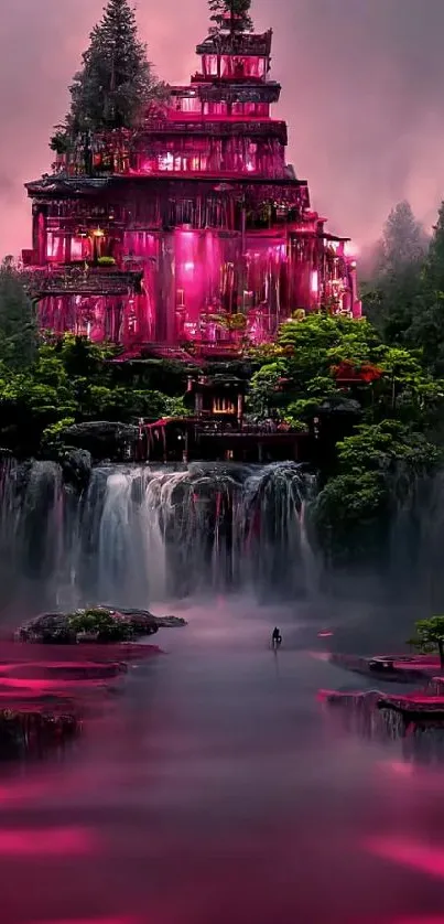 Pink temple amid a mystical forest with cascading waterfalls.