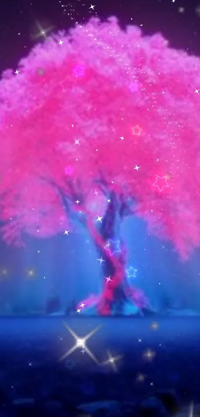 Pink magical tree with stars on a night sky background.