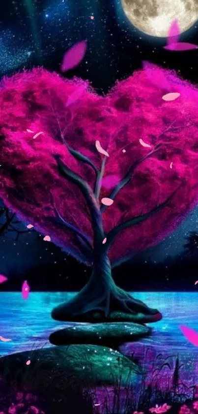 Pink heart-shaped tree under a glowing full moon.