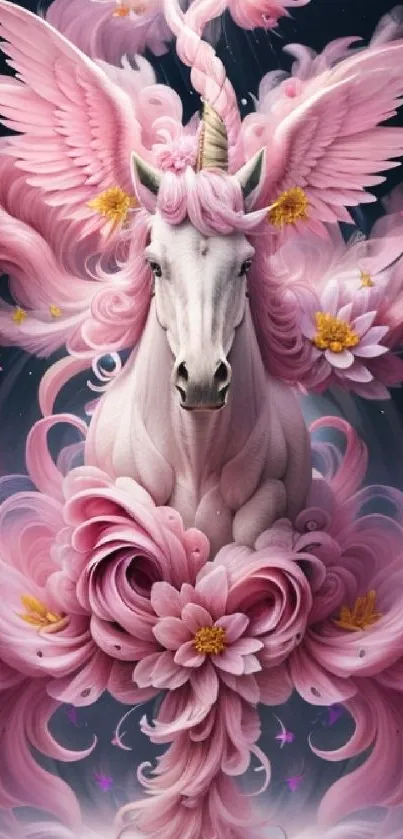 Magical pink unicorn with wings and flowers