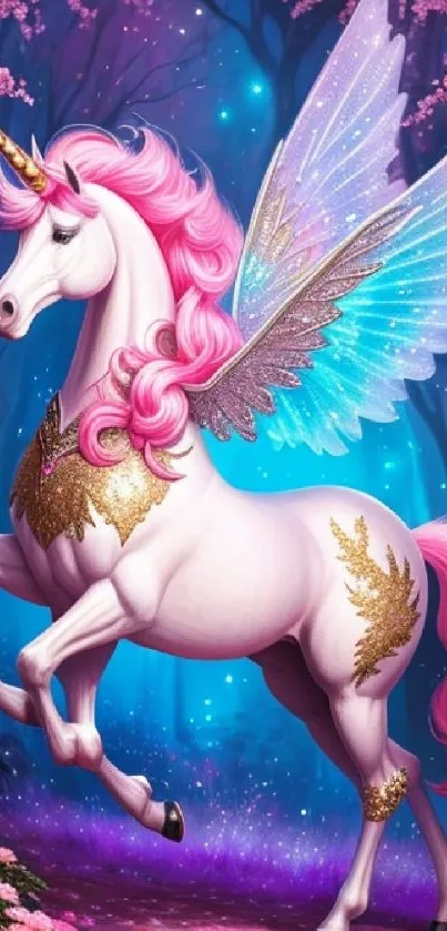 Pink unicorn with golden accents in a magical forest wallpaper.