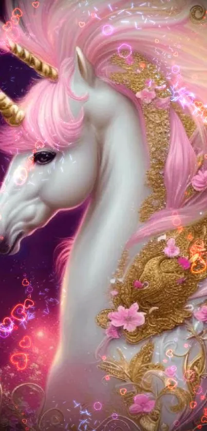 Mystical pink unicorn with gold accents on a magical wallpaper.