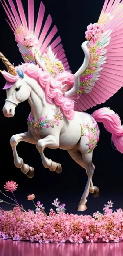 Magical pink unicorn with flowers and wings on a dark background.