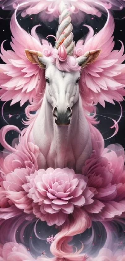 Majestic pink unicorn with floral mane in magical fantasy art.