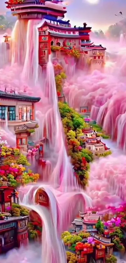 Enchanting pink waterfall with oriental houses.