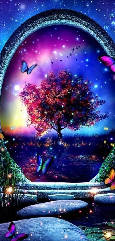 A fantasy portal with vibrant butterflies under a starry night sky.