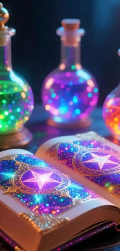 Magical open book with glowing potions