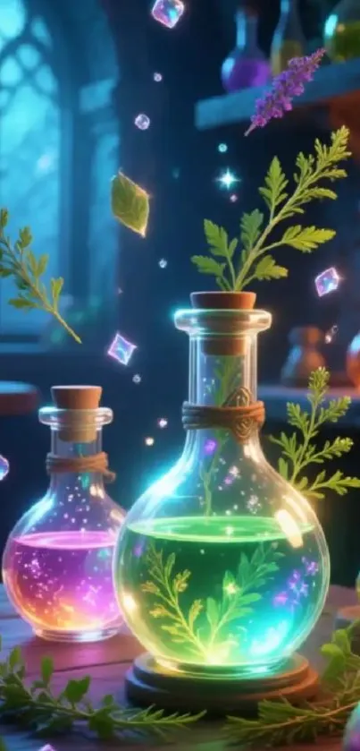 Enchanting fantasy art wallpaper with glowing potion bottles.