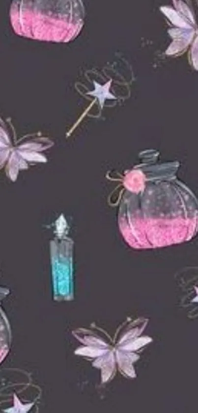 Fantasy mobile wallpaper with potions and wands.