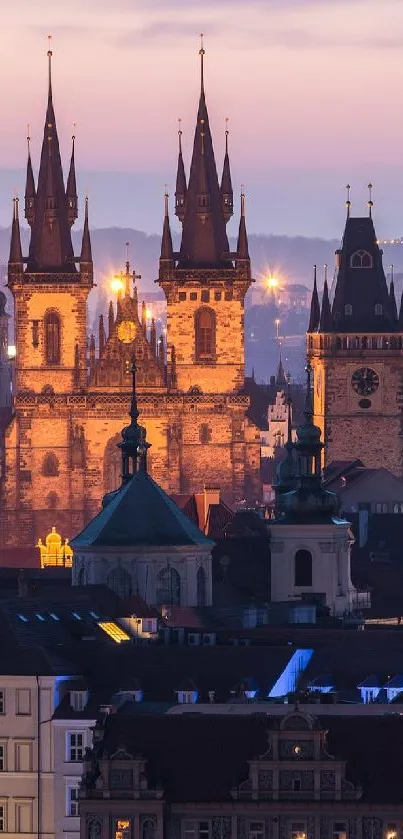 Prague skyline at dusk illuminated by city lights and historic buildings.