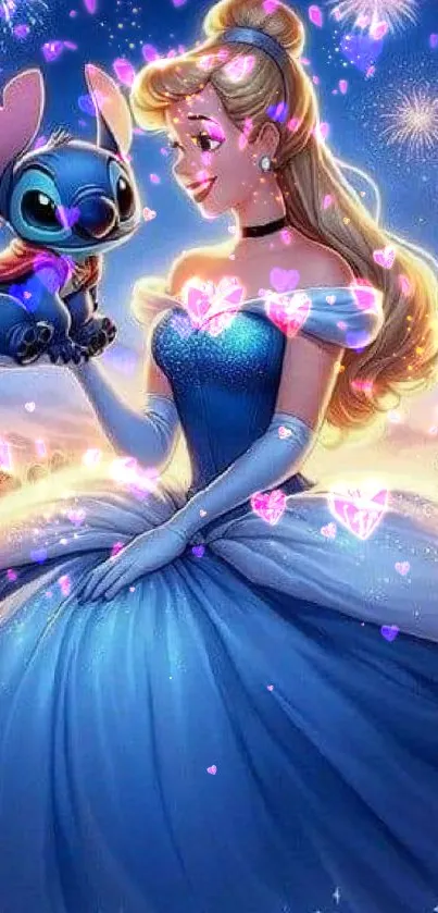 Fantasy art of a princess holding a creature with glowing hearts in the background.