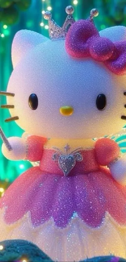 Magical princess cartoon cat with pink dress and star wand.