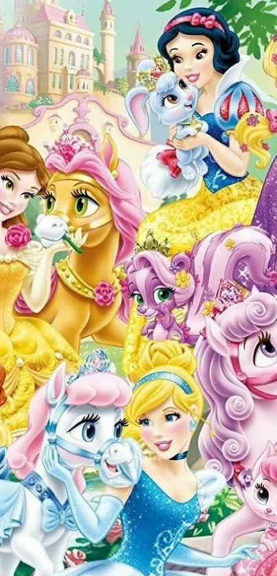 Colorful wallpaper with animated princesses and animals.