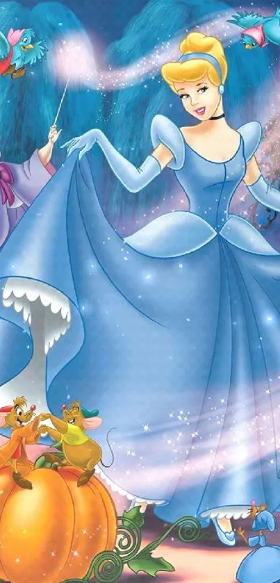 Magical princess in a blue gown with fantasy creatures.