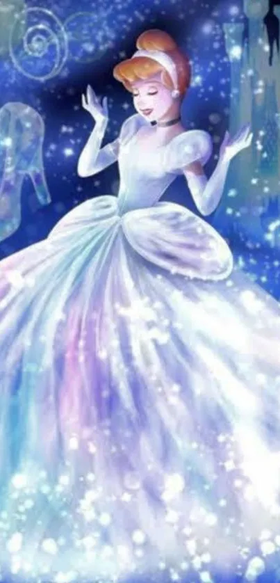 Enchanting magical princess with castle and slipper in a sparkling scene.