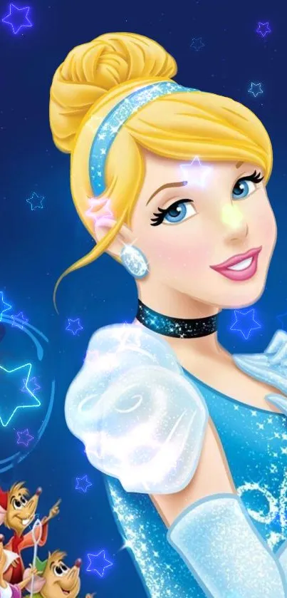 Animated princess in blue dress with starry background.