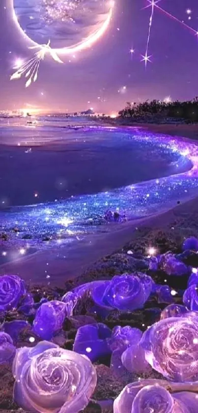 Magical purple beach with glowing flowers and a starry night sky.