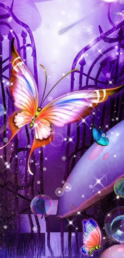 Magical purple butterfly and starry night scene wallpaper.