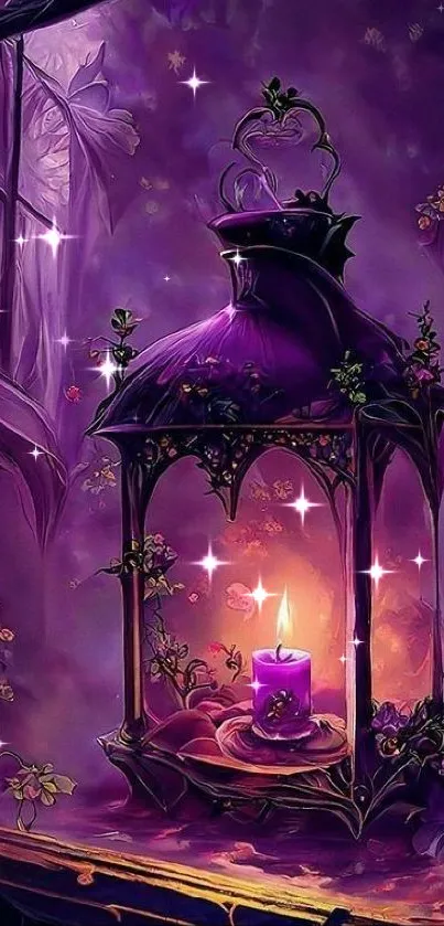 Magical purple candle glowing in enchanting floral scenery.