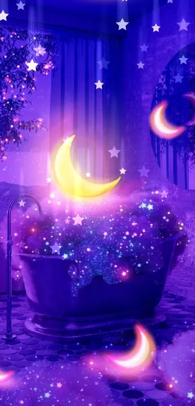 Magical purple room with glowing moons and stars creating a dreamy ambiance.