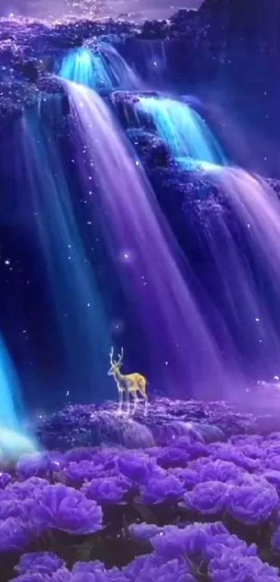 Enchanting purple waterfall with a deer amidst vibrant blossoms.