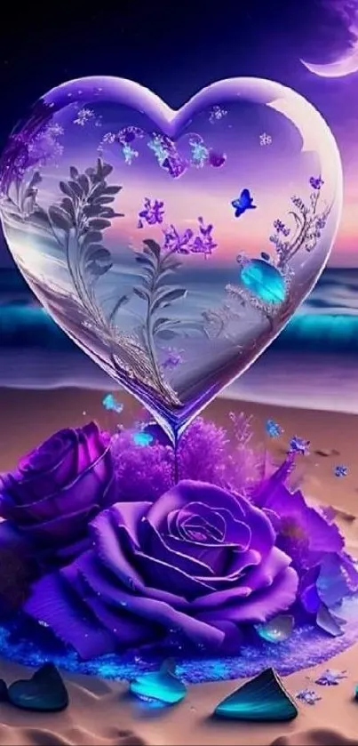 Enchanting purple heart sculpture on the beach with roses and evening sky backdrop.