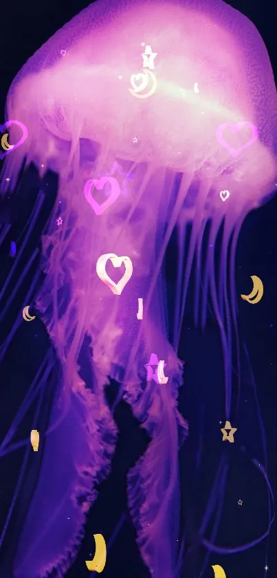 Purple jellyfish with hearts and stars on a dark background.