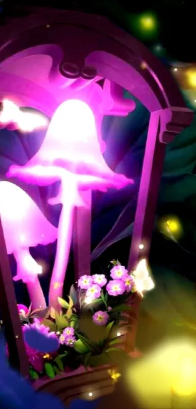 Purple lantern with glowing mushrooms and flowers in a mystical setting.