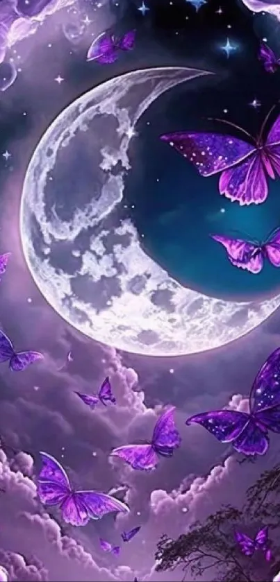 Purple moon with butterflies and clouds on a dark background.