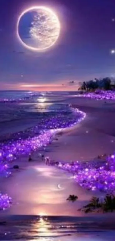 A magical purple-lit beach with a glowing moon in the night sky.