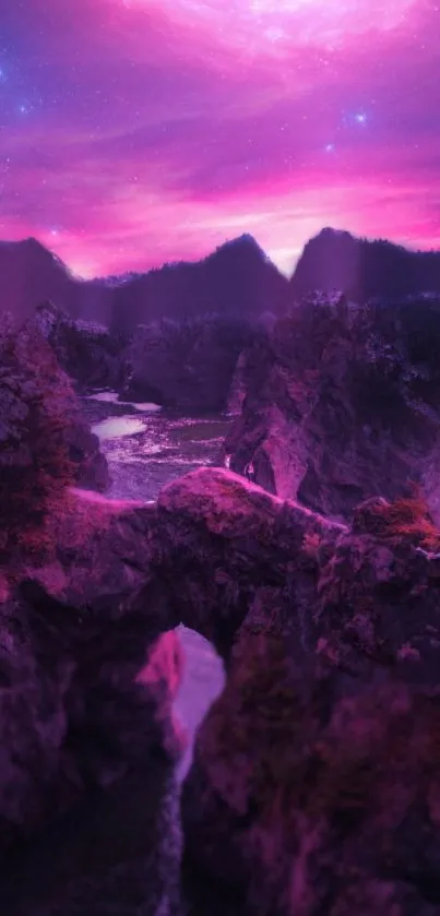 Purple-hued mountain scene with stars.