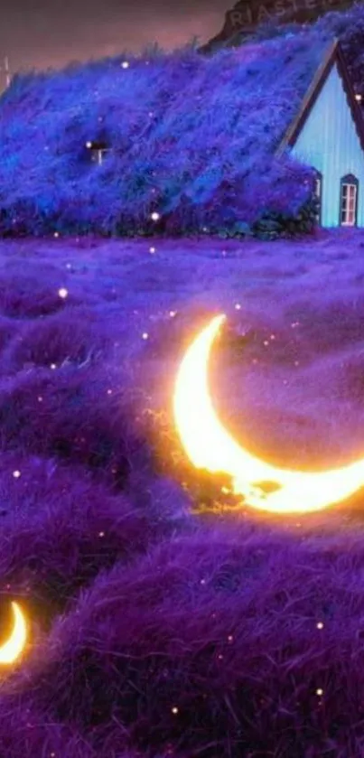 Magical purple landscape with glowing crescent moons and cabin at night.