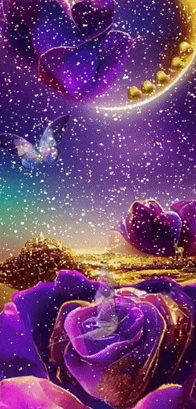 Magical purple roses with glowing butterflies under a crescent moon in a dreamy landscape.