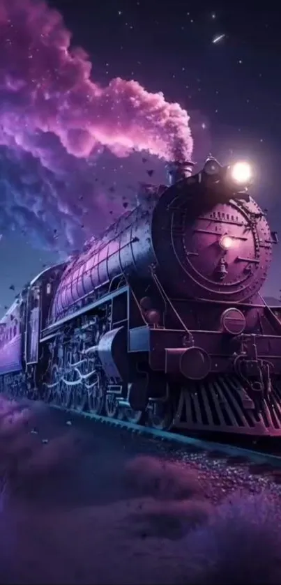 Purple train travels through a starry night, emitting magical colored smoke.