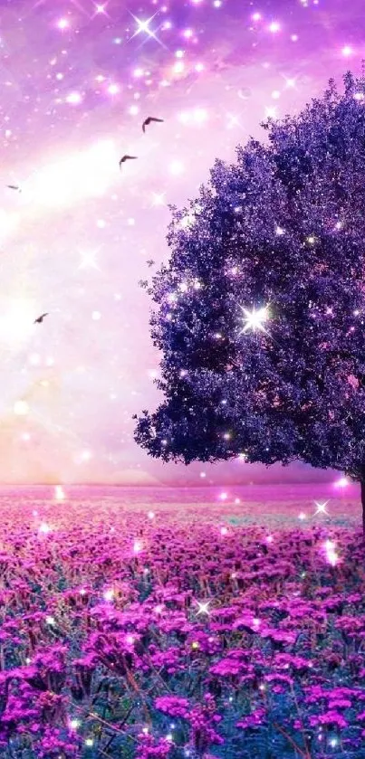 Purple tree in magical starry landscape.