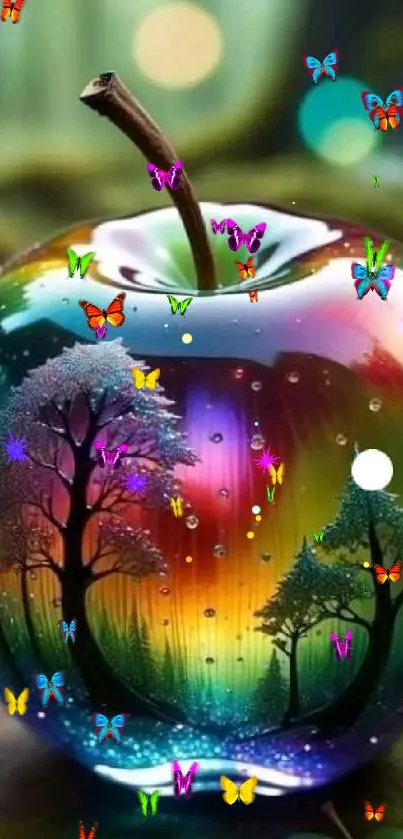 Rainbow apple with butterflies and trees mobile wallpaper