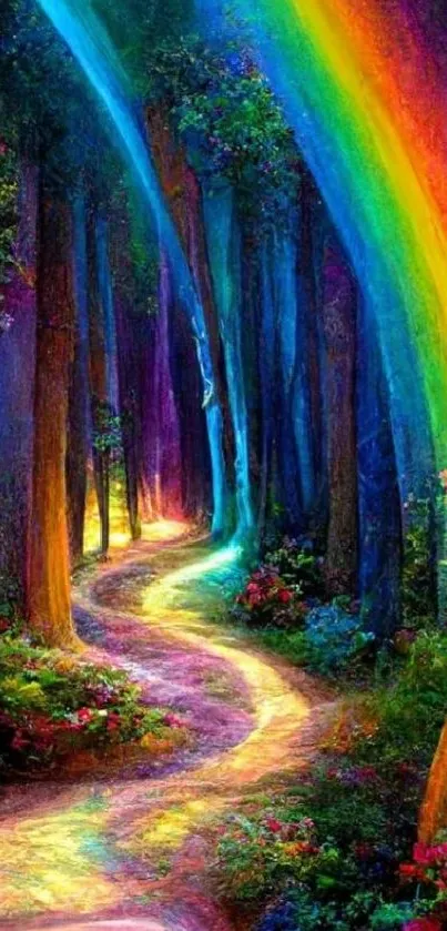 Magical rainbow-lit forest path under a vibrant canopy.