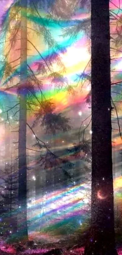 Colorful rainbow-lit forest with mystical atmosphere.