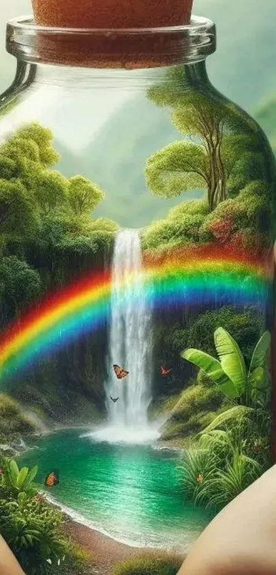 Rainbow and waterfall inside a glass bottle, held by hands.