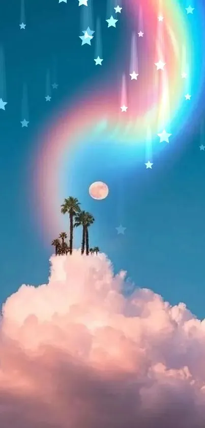 A colorful rainbow arches over fluffy clouds with palm trees, creating a serene sky scene.
