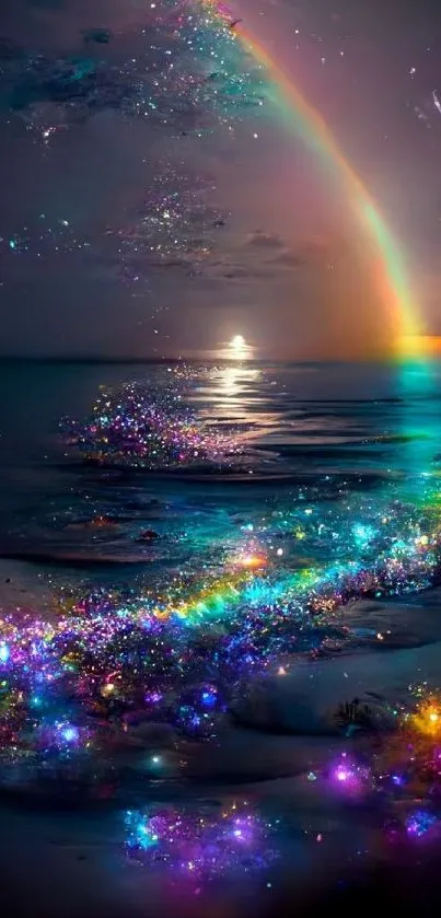 Magical night sky with rainbow and ocean scene wallpaper.