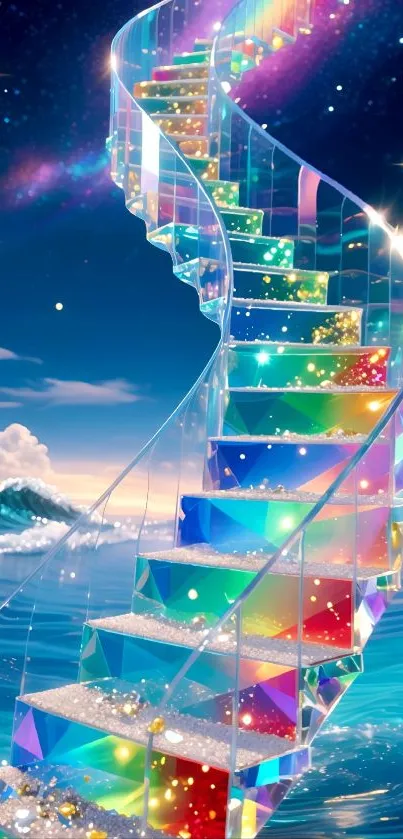 Colorful spiral stairway in a fantasy scene under a starry sky.